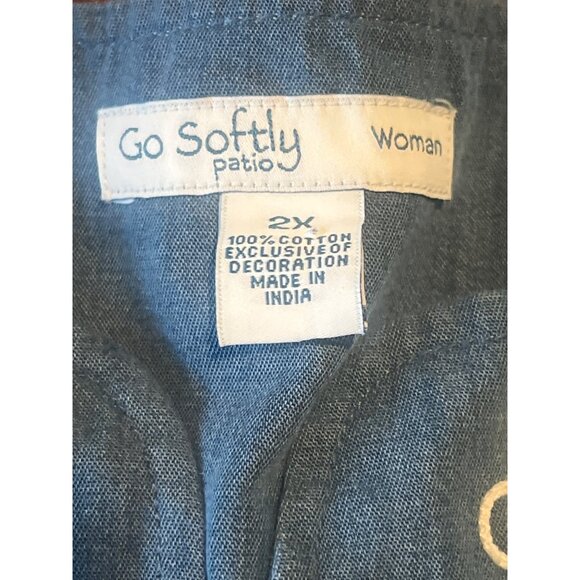 Go Softly Patio Womens Denim Shift Dress Blue Floral Embroidered Pockets 2XL - Picture 3 of 6